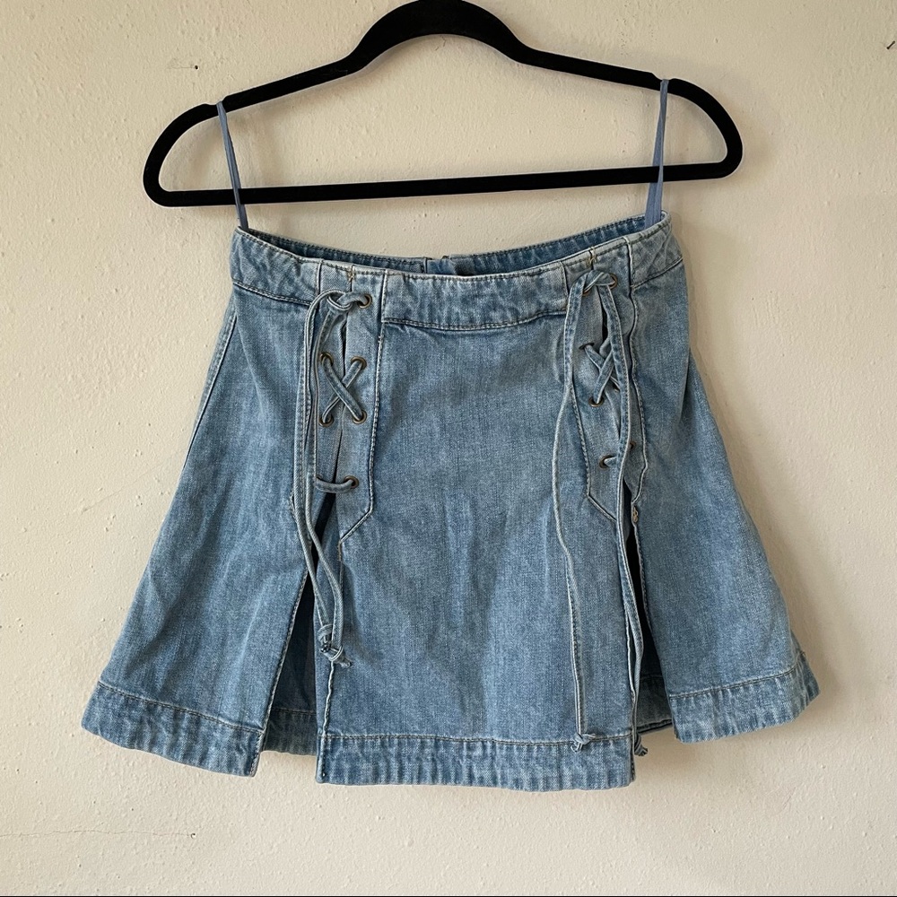 Free People Y2K pleated denim mini skirt with crossed tie up details